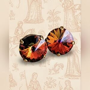 Large Volcano Orange & Red Swarovski Crystal Stud Earrings In Brass